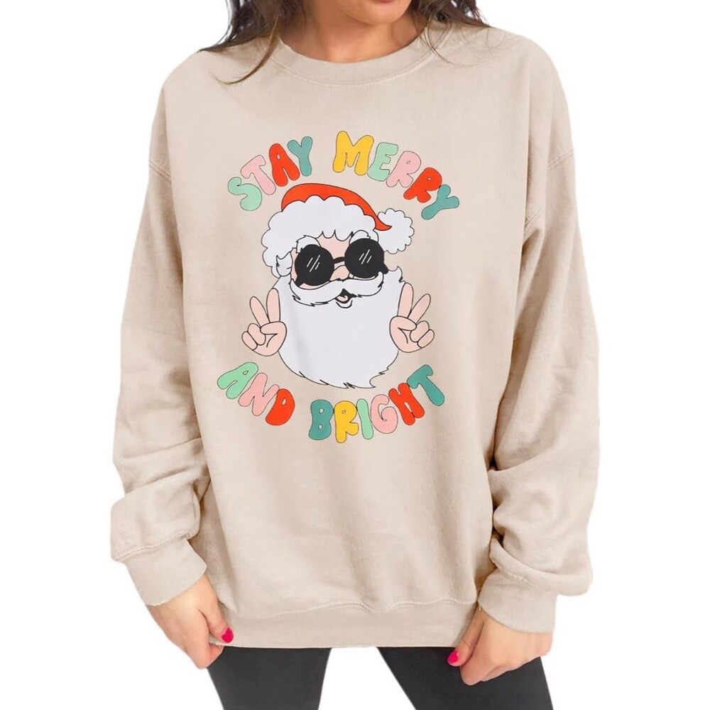 KEKEMI Women's Christmas Sweatshirt Vintage Santa Sweater Crewneck 2XL Cream